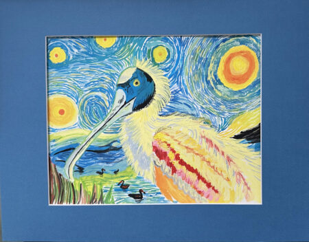 Watercolor original - 8" x 12" matted to 11" x 14" - "Pelican Van Gogh"
